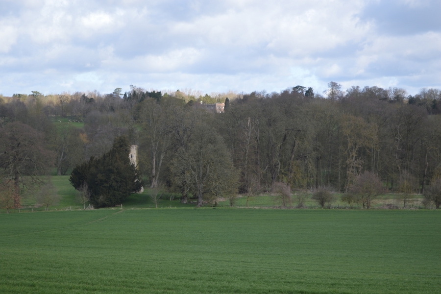 From Thundridge Hill the ‘Old Church’ of Little St Marys and All Hallows can be seen, behind an ancient yew, and with Youngsbury House between the trees, set in the Capability Brown designed landscape of Youngsbury, which rerouted the river, creating the island, and borrowed views of The Old Church and immediately adjacent moated Thundridgebury manor.